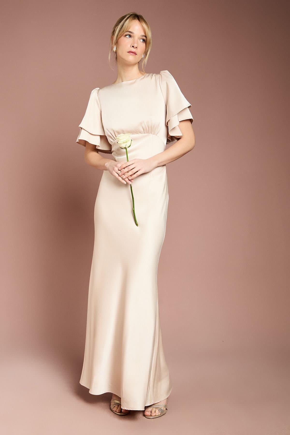 Coast Coast Women's Honoured Satin Back Crepe High Neck Short Sleeve Maxi Bridesmaid Dress in Champagne