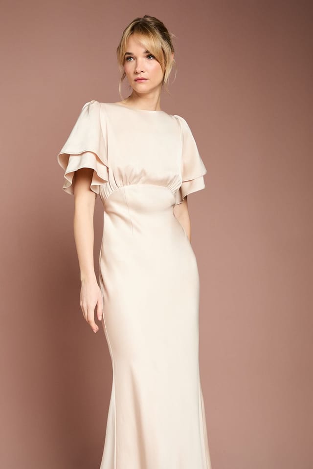 Coast Coast Women's Honoured Satin Back Crepe High Neck Short Sleeve Maxi Bridesmaid Dress in Champagne - 2