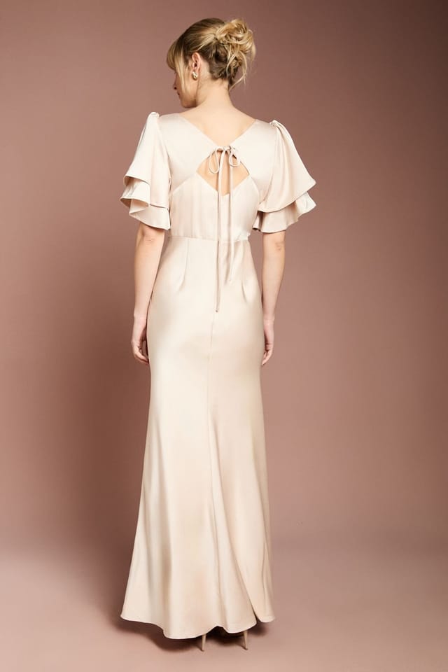 Coast Coast Women's Honoured Satin Back Crepe High Neck Short Sleeve Maxi Bridesmaid Dress in Champagne - 3