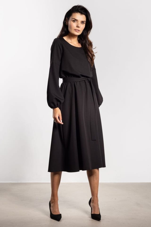 Love Lace Love Lace Women's Elastic Waist Midi Dress with Puff Sleeves in Black - 2