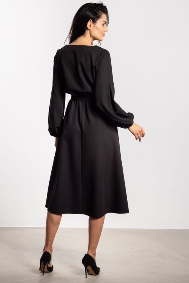 Love Lace Love Lace Women's Elastic Waist Midi Dress with Puff Sleeves in Black - 3