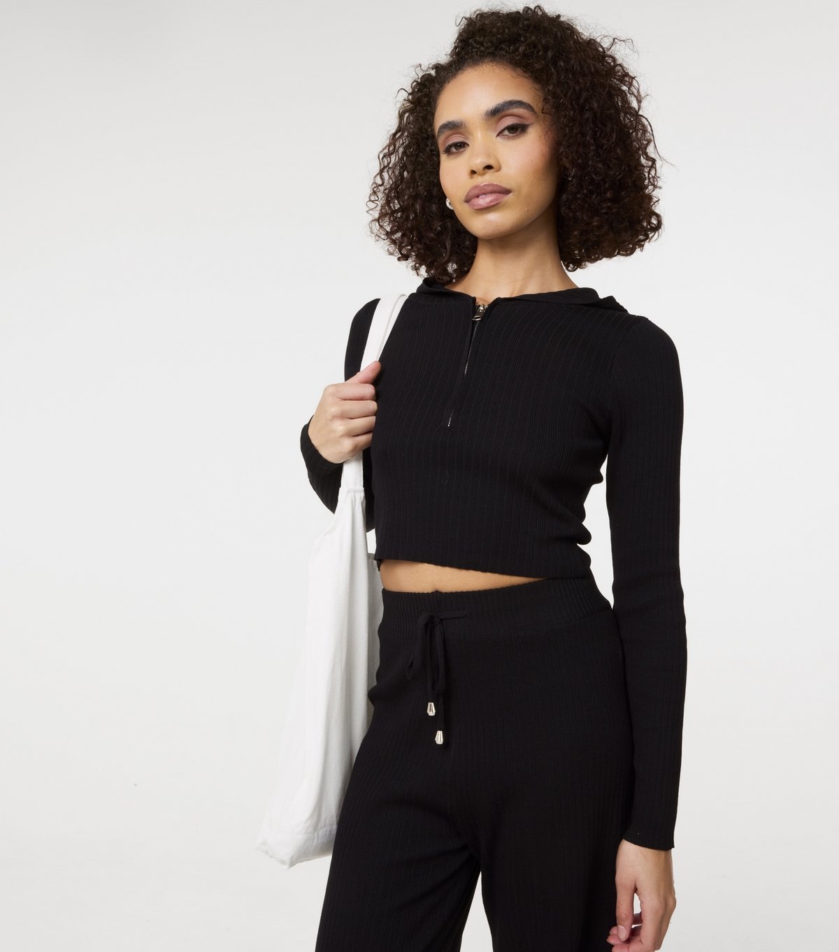 Pink Vanilla Women's Black Ribbed Half Zip Hoodie and Wide Leg Set Pink Vanilla New Look - 2