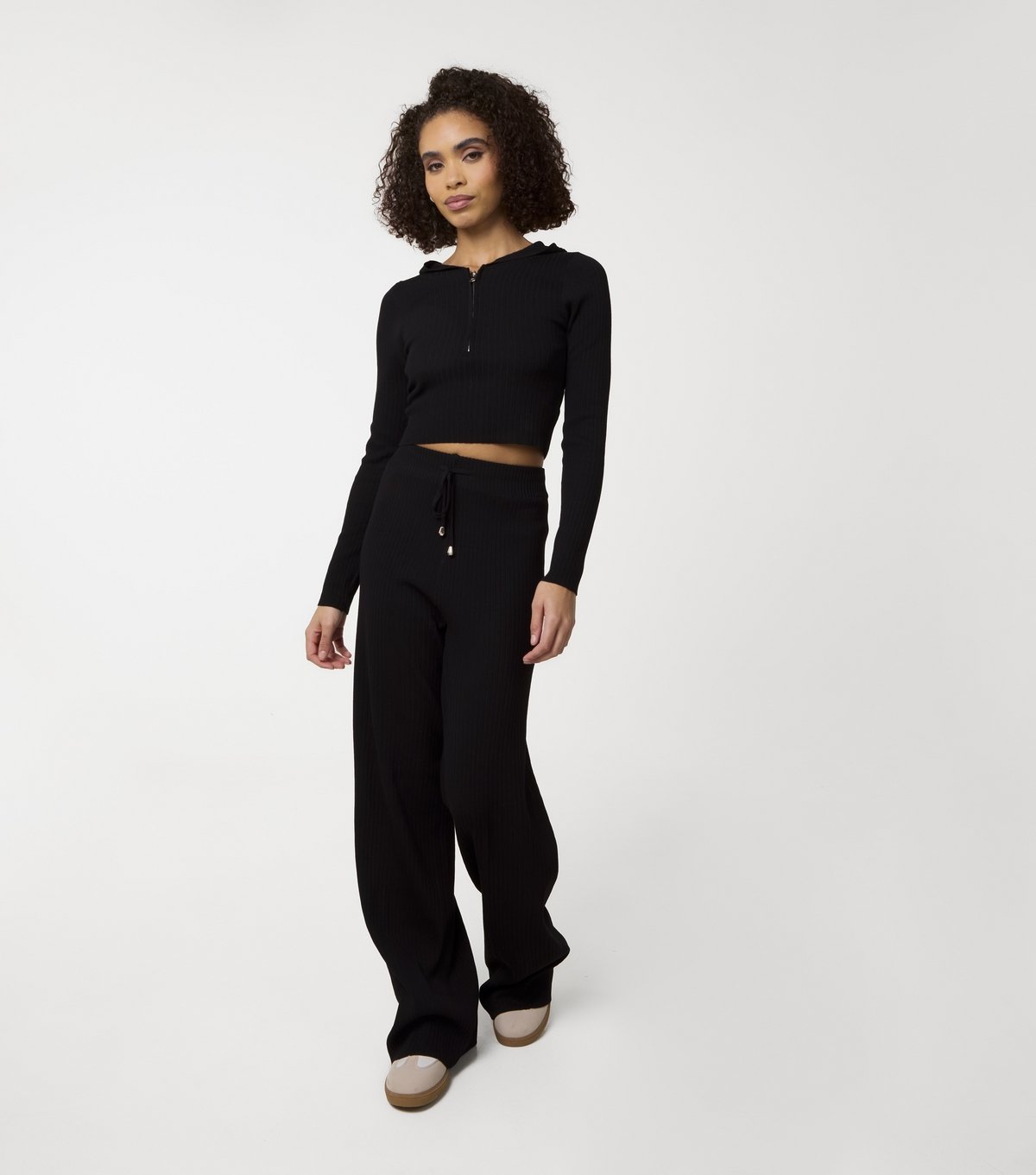 Pink Vanilla Women's Black Ribbed Half Zip Hoodie and Wide Leg Set Pink Vanilla New Look - 3