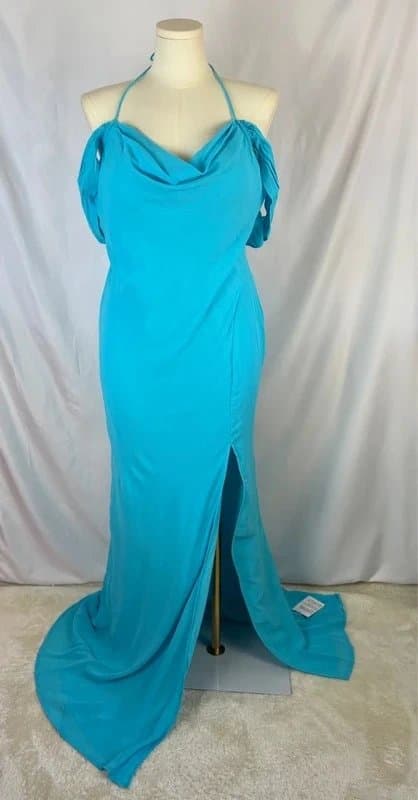 ASOS Design UK 16 ASOS Design Turquoise Off Shoulder Open Back Bias Cut Maxi Dress Cowl Front Side Split