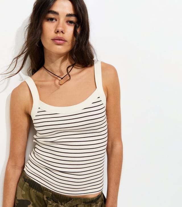 New Look Women's Brown Cotton Rich Striped Scoop Neck Ribbed Cami Top New Look - 2
