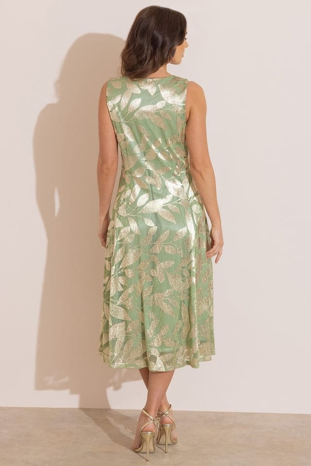 Klass. Klass. Women's Metallic Leaf Printed Sleeveless Mesh Dress in Olive - 3