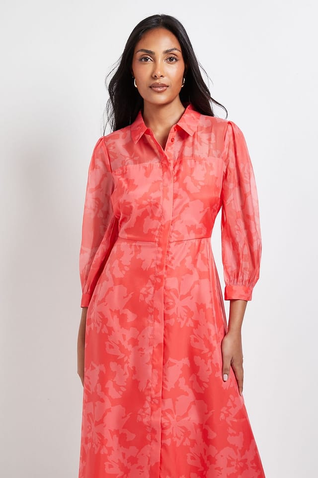 Wallis Wallis Women's Petite Floral Organza Button Midi Dress in Coral - 2