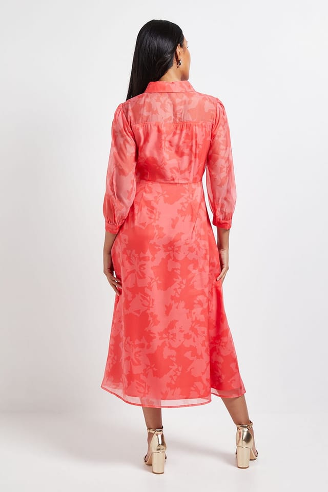Wallis Wallis Women's Petite Floral Organza Button Midi Dress in Coral - 3