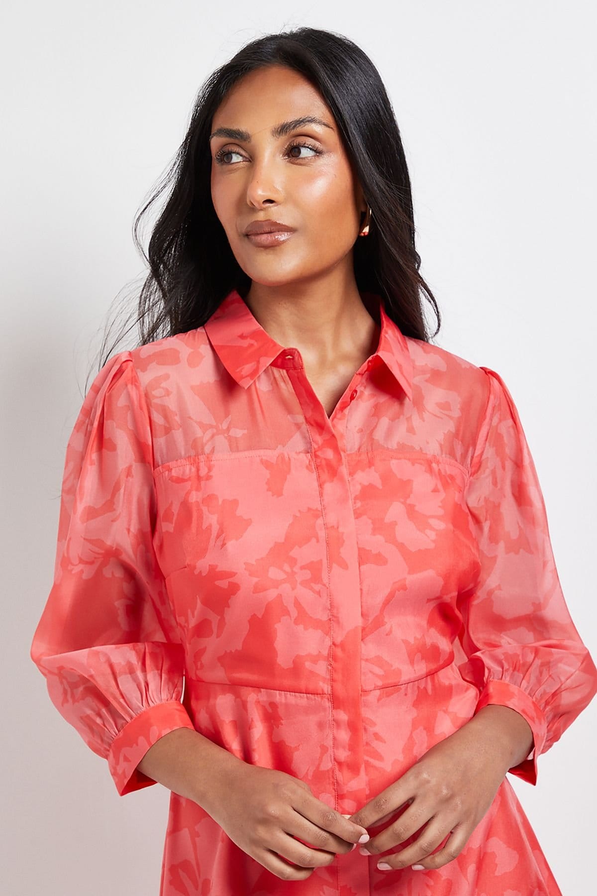 Wallis Wallis Women's Petite Floral Organza Button Midi Dress in Coral - 4