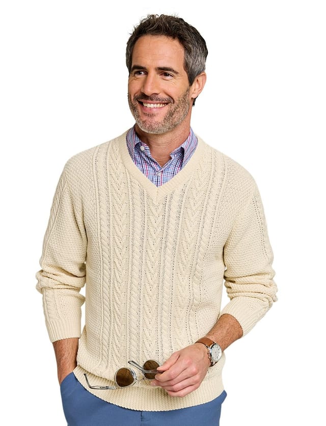 Tootal Tootal Men's Long Sleeve Chunky Cable Knit V Neck Jumper, Soft Cotton Blend in Light Brown - 2
