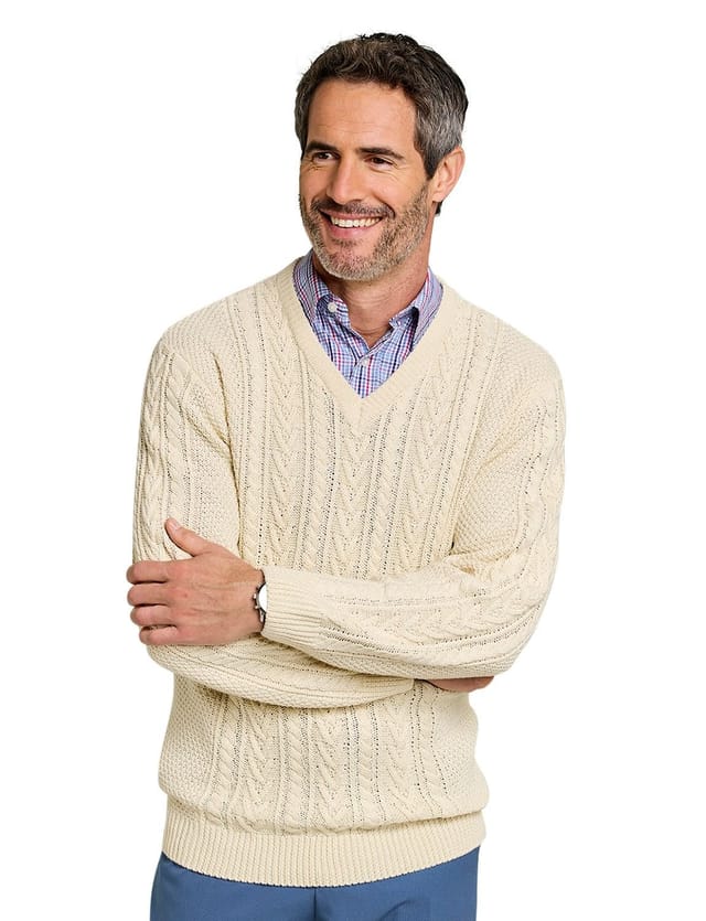 Tootal Tootal Men's Long Sleeve Chunky Cable Knit V Neck Jumper, Soft Cotton Blend in Light Brown - 3