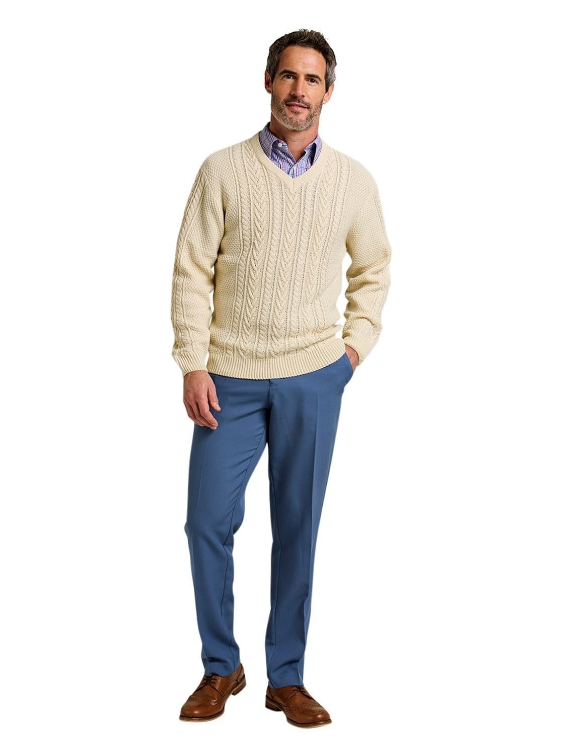 Tootal Tootal Men's Long Sleeve Chunky Cable Knit V Neck Jumper, Soft Cotton Blend in Light Brown - 4