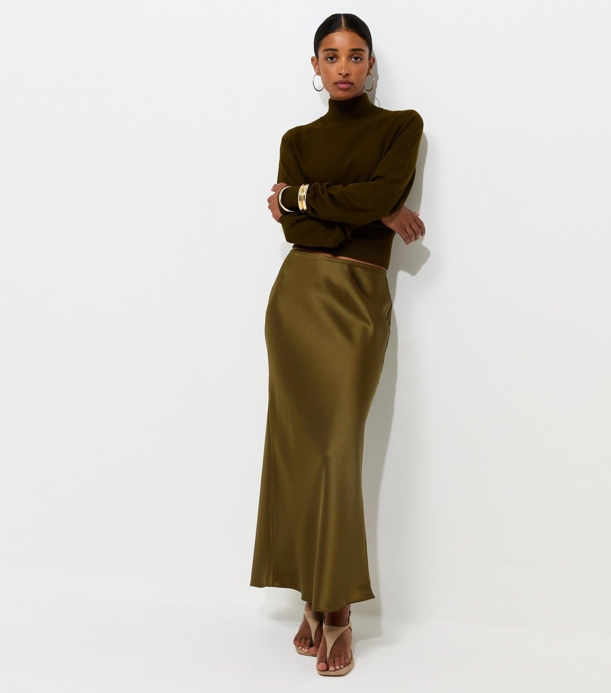 New Look Women's Dark Khaki Satin Bias Cut Midi Skirt New Look