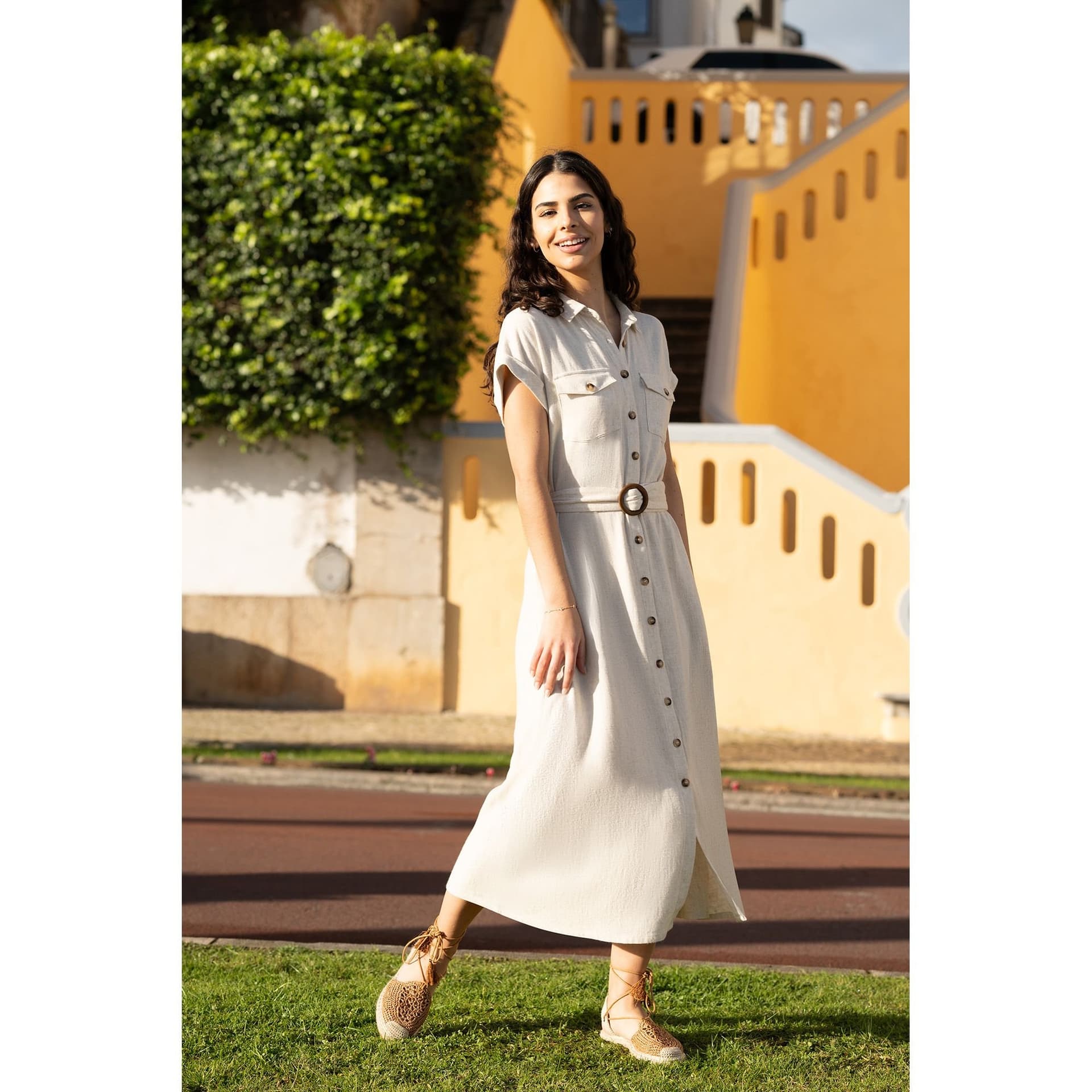Yumi Yumi Women's Viscose Linen Look Midi Shirt Dress With Wooden Belt in Natural