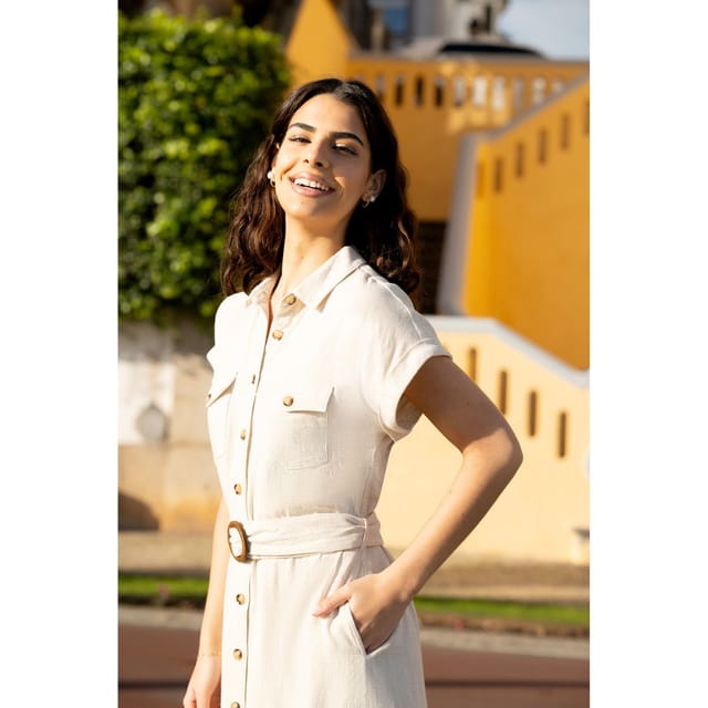 Yumi Yumi Women's Viscose Linen Look Midi Shirt Dress With Wooden Belt in Natural - 2