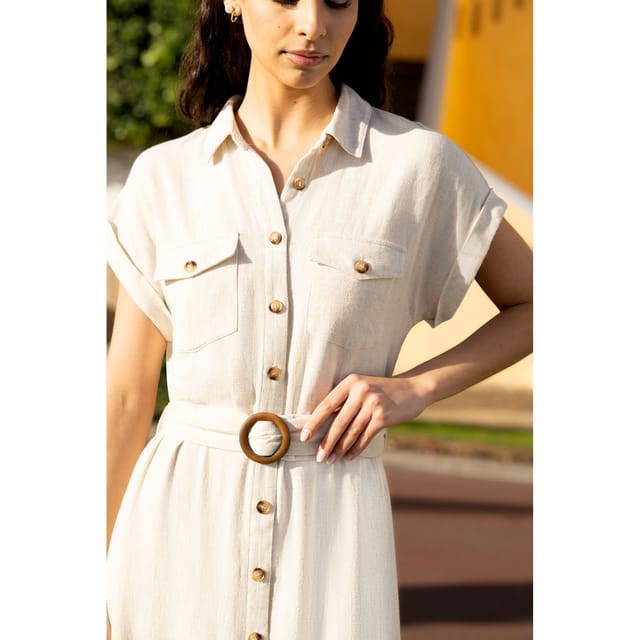 Yumi Yumi Women's Viscose Linen Look Midi Shirt Dress With Wooden Belt in Natural - 3