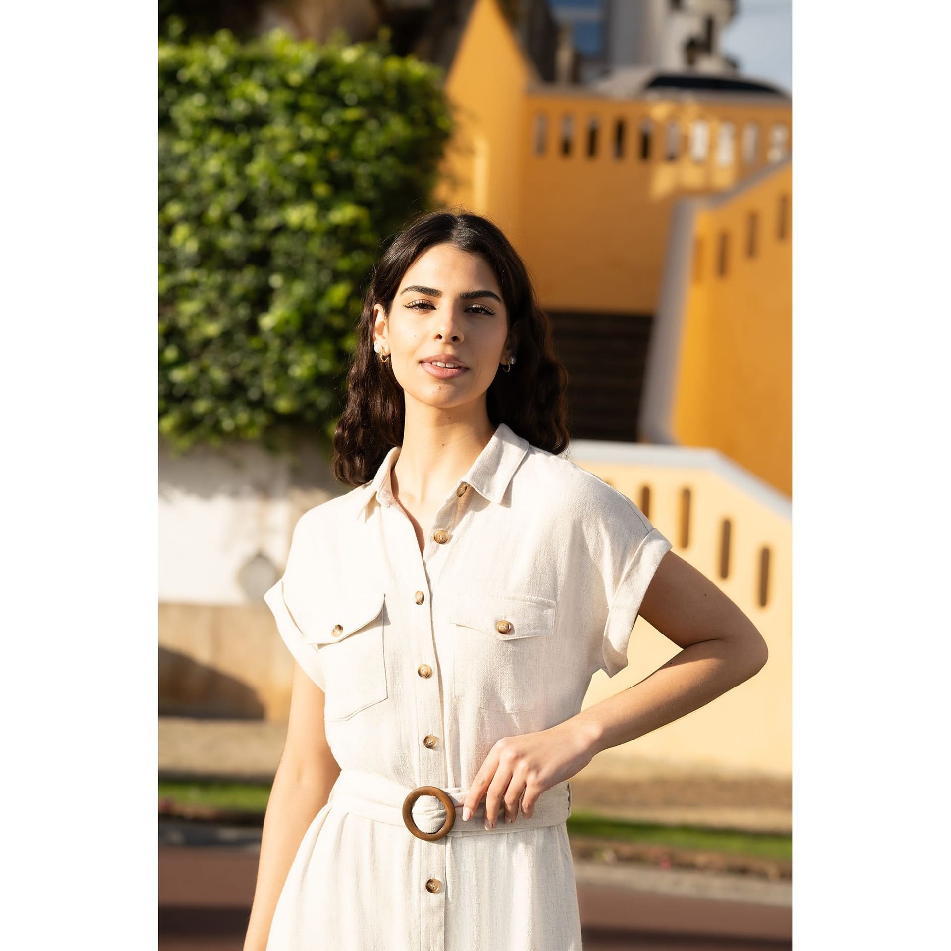 Yumi Yumi Women's Viscose Linen Look Midi Shirt Dress With Wooden Belt in Natural - 4