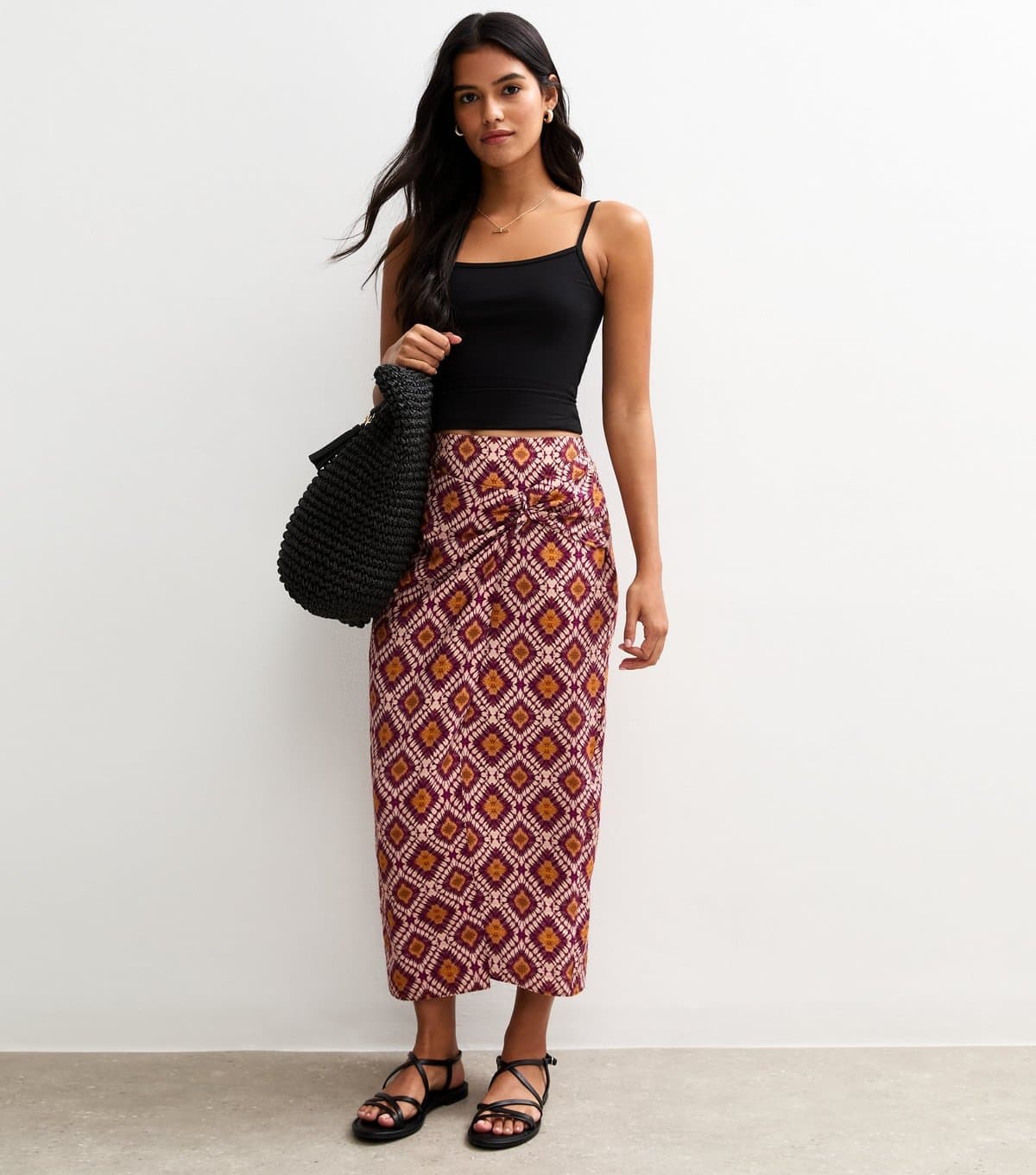 New Look Women's Burgundy Diamond Pattern Sarong Midi Skirt New Look