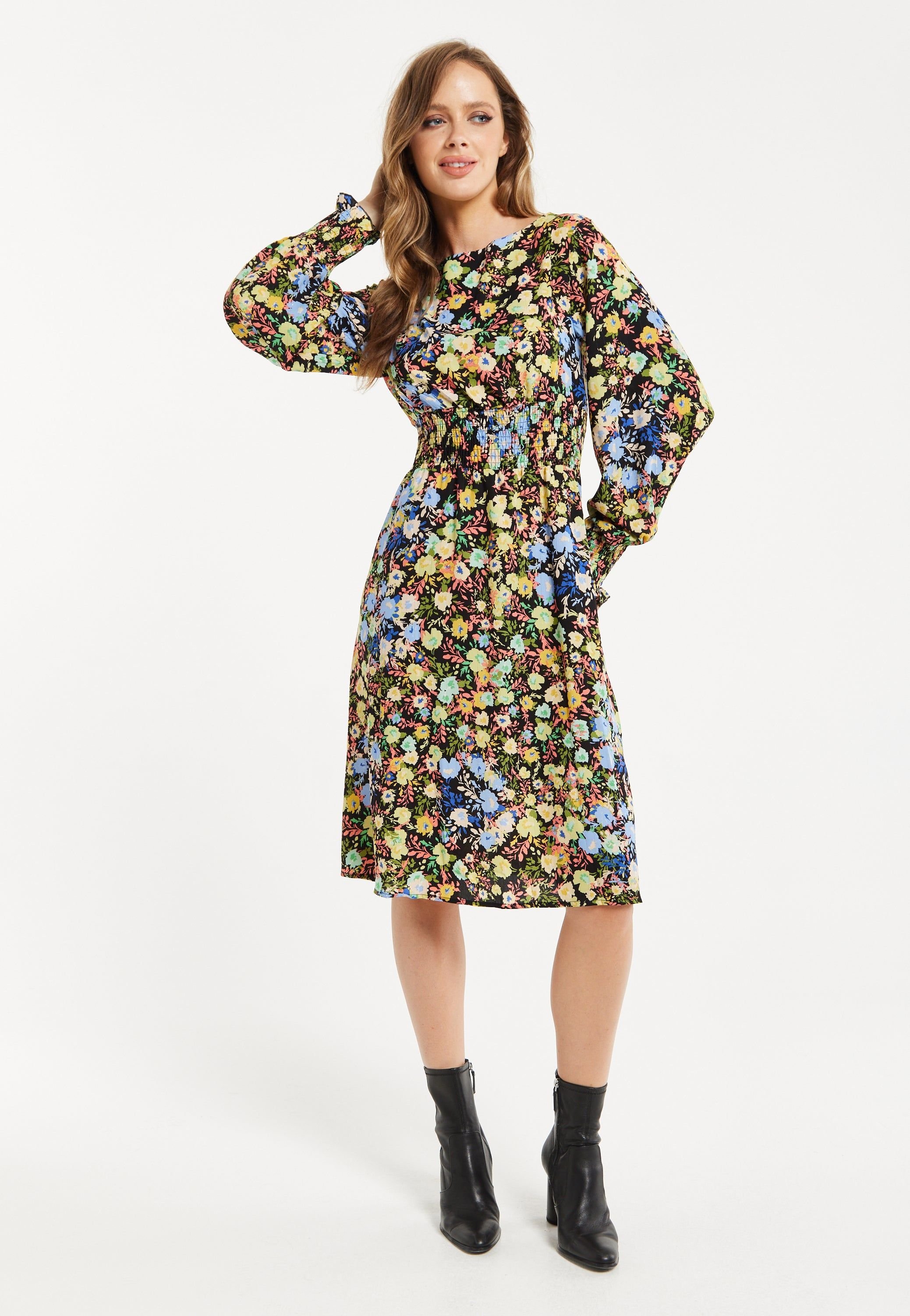 Liquorish Liquorish Women's Floral Print Midi Dress With Smock Waist - 2