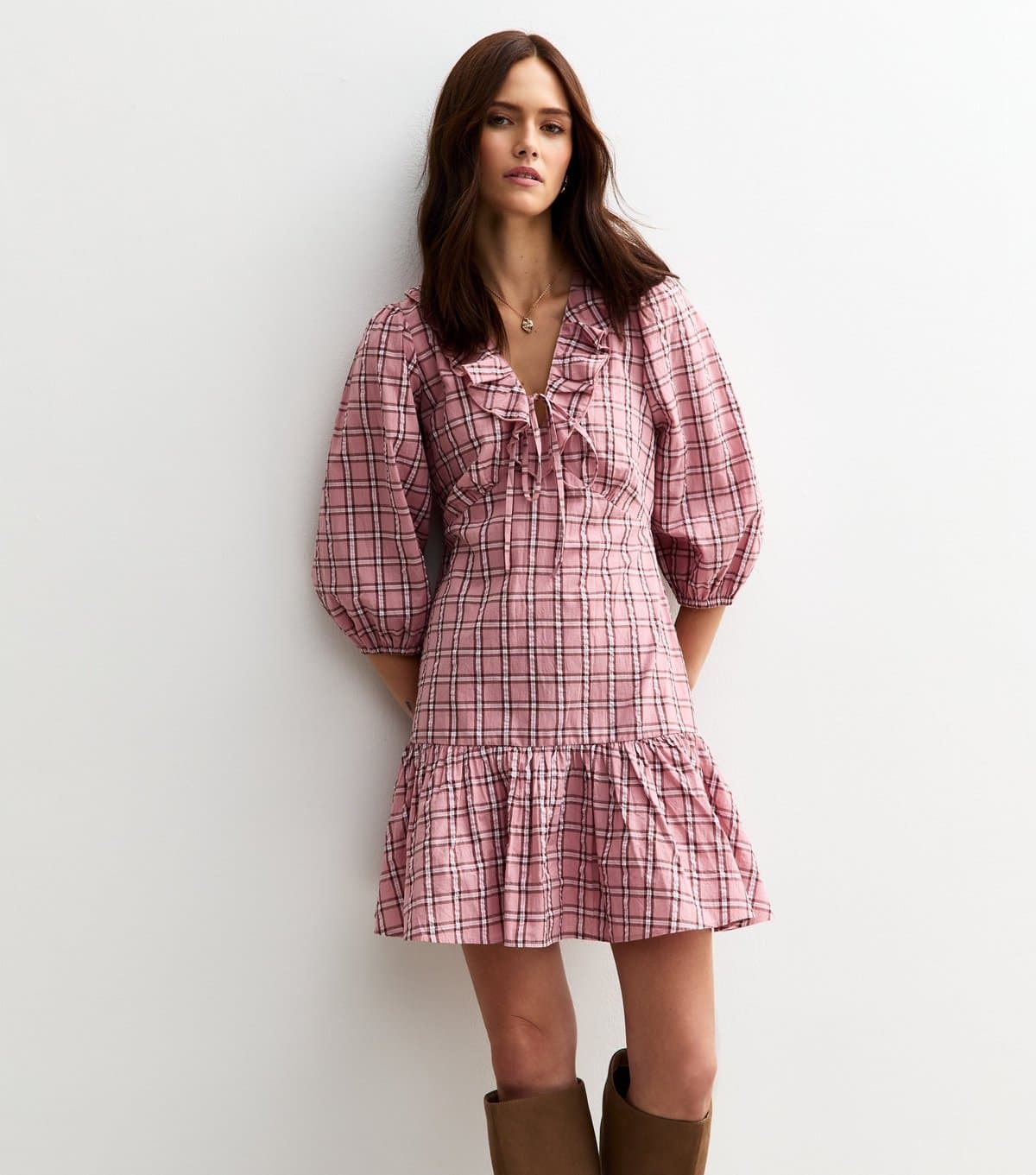 New Look Women's Pink Check Print Ruffle Collar Mini Dress New Look