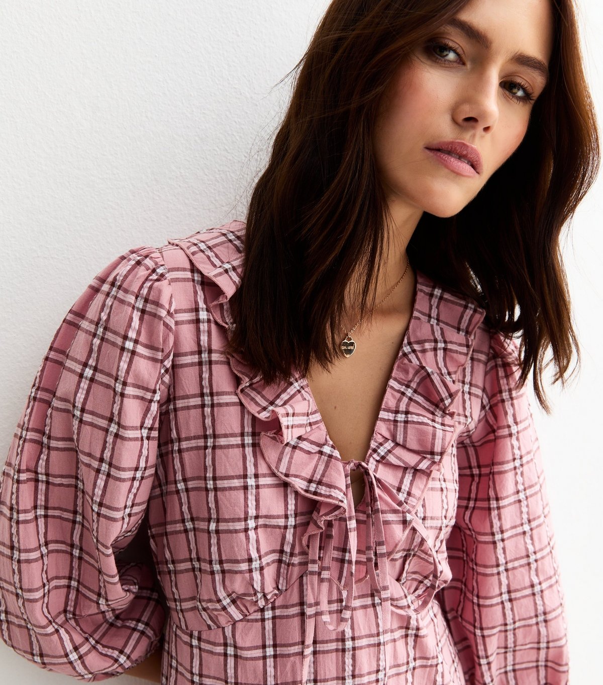 New Look Women's Pink Check Print Ruffle Collar Mini Dress New Look - 2