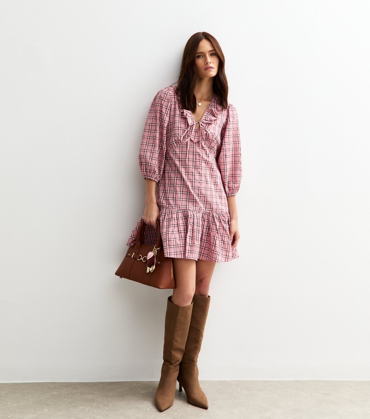 New Look Women's Pink Check Print Ruffle Collar Mini Dress New Look - 3