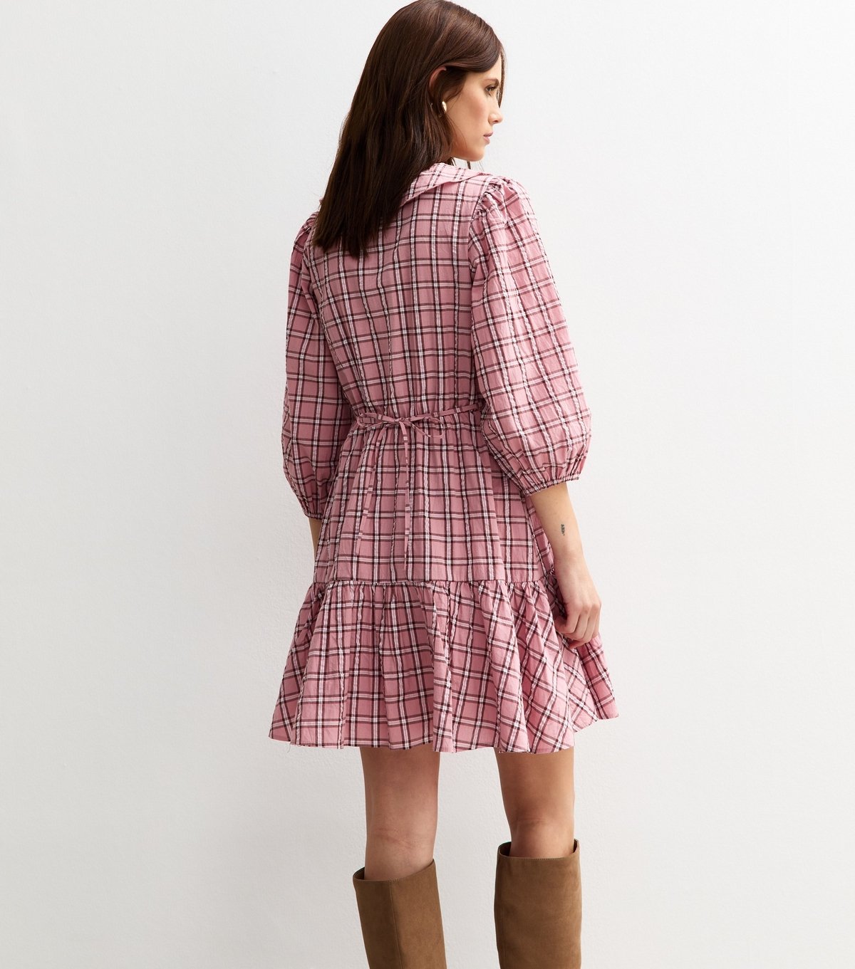 New Look Women's Pink Check Print Ruffle Collar Mini Dress New Look - 4