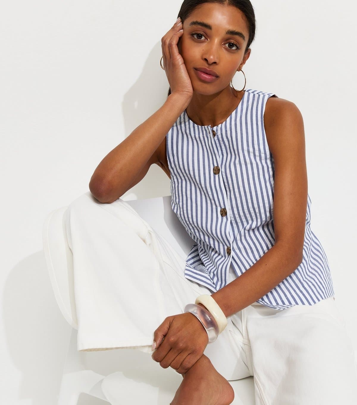 New Look Women's Blue Cotton Stripe Button Shell Waistcoat New Look