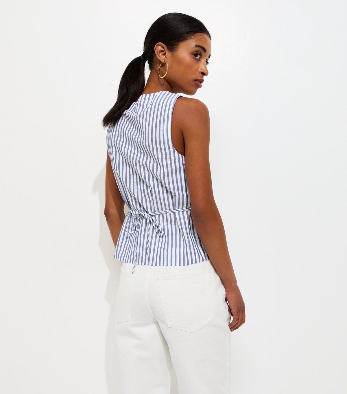 New Look Women's Blue Cotton Stripe Button Shell Waistcoat New Look - 4