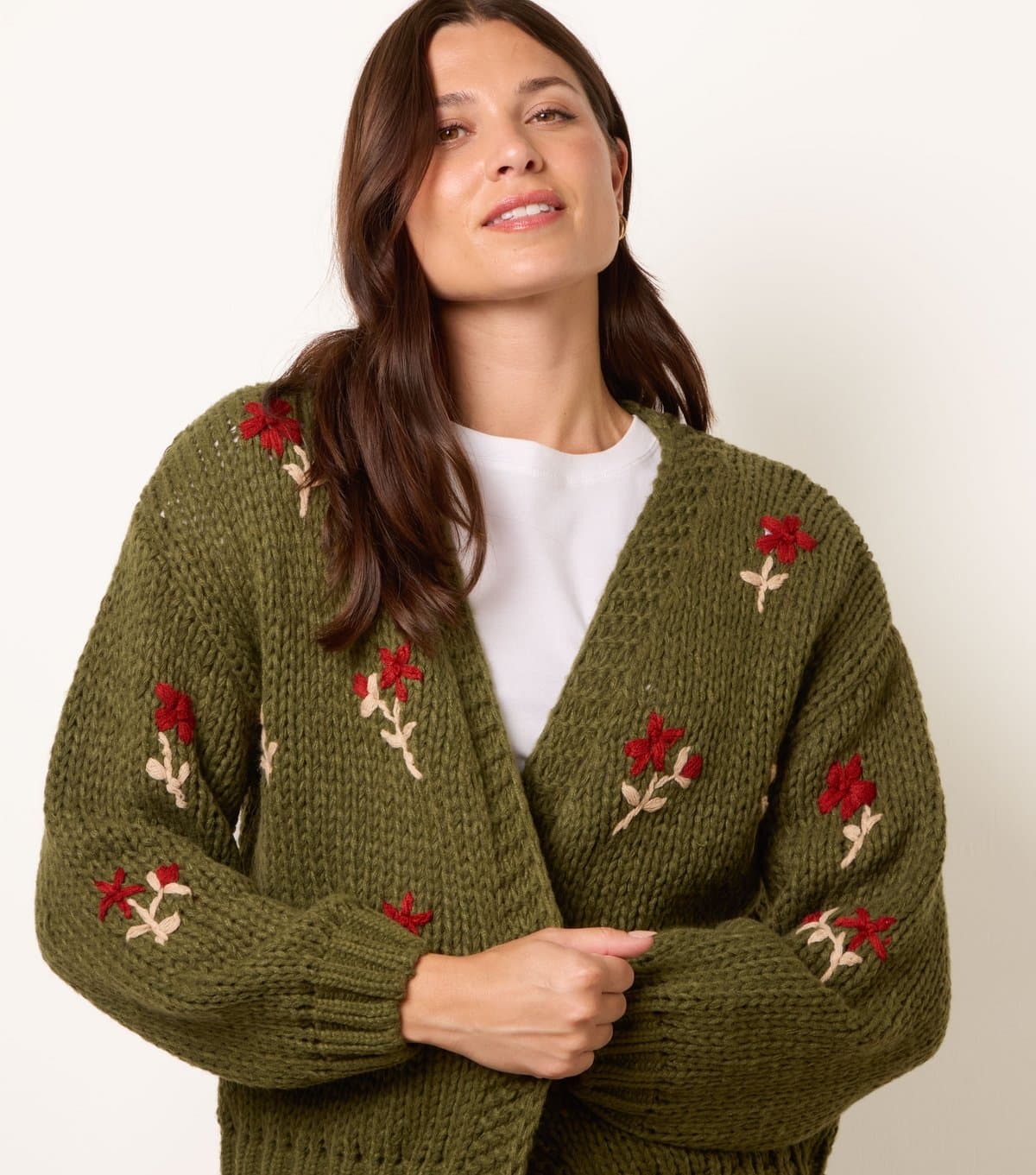 Blue Vanilla Women's Flower Embroidered Chunky Knit Cardigan Blue Vanilla New Look