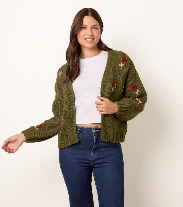 Blue Vanilla Women's Flower Embroidered Chunky Knit Cardigan Blue Vanilla New Look - 3