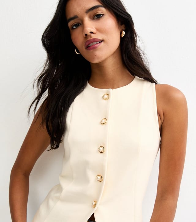 New Look Women's Off White Jersey Faux-Pearl Button Waistcoat New Look - 2