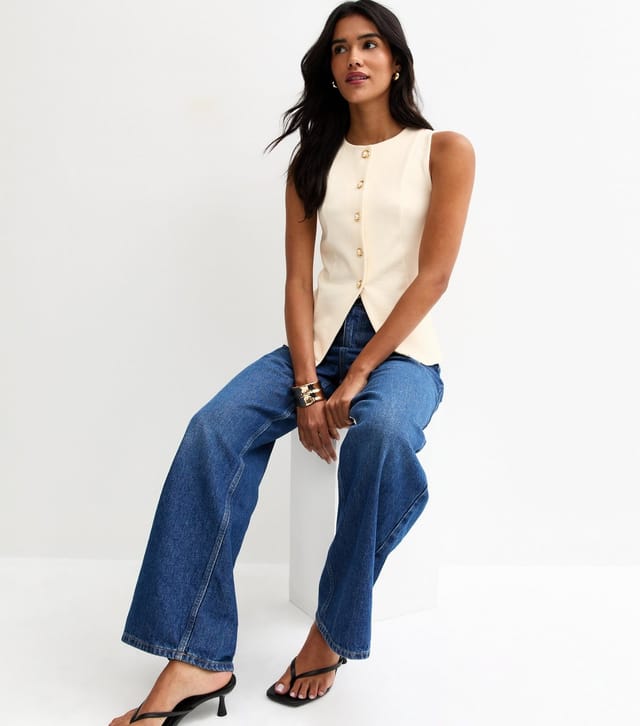 New Look Women's Off White Jersey Faux-Pearl Button Waistcoat New Look - 3