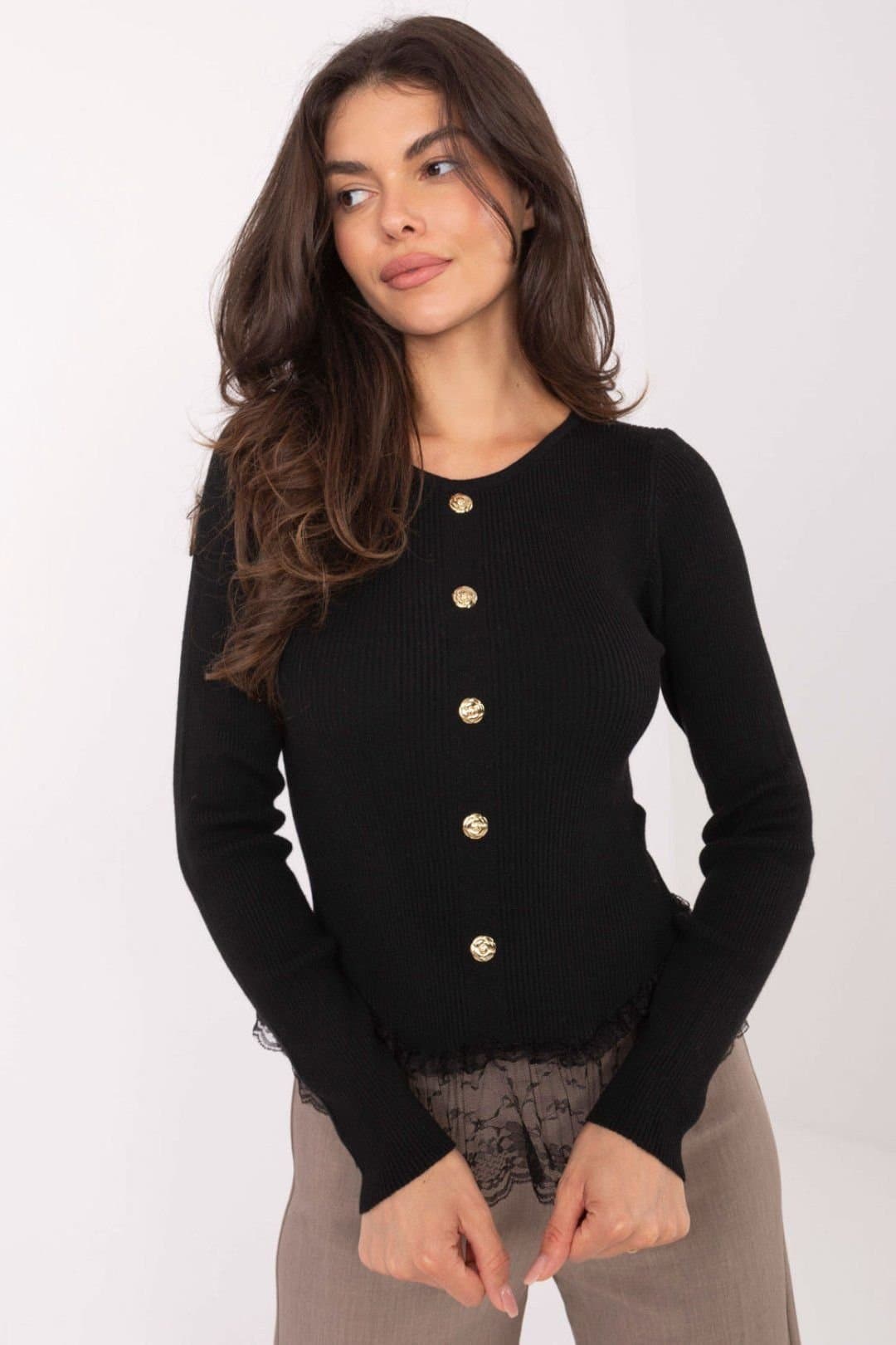 Love Lace Love Lace Women's Elegant Long Sleeve Sweater with Lace Hem in Black