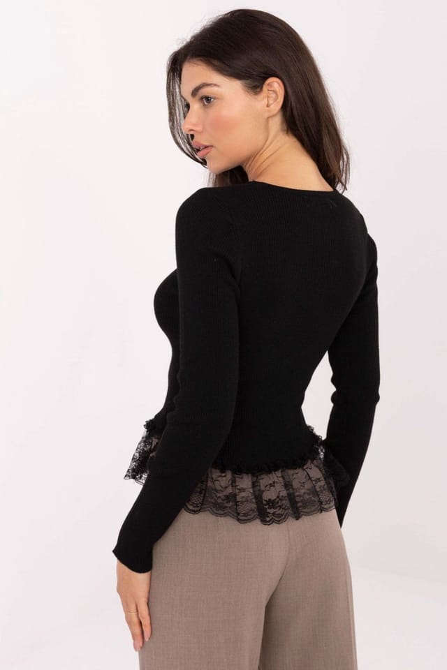 Love Lace Love Lace Women's Elegant Long Sleeve Sweater with Lace Hem in Black - 3
