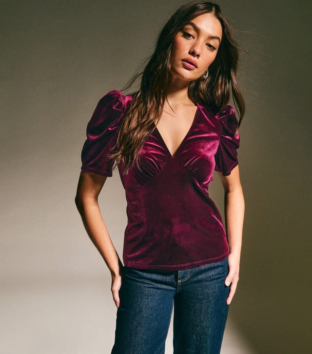 New Look Women's Dark Burgundy Velvet Puff Sleeve Top New Look - 2