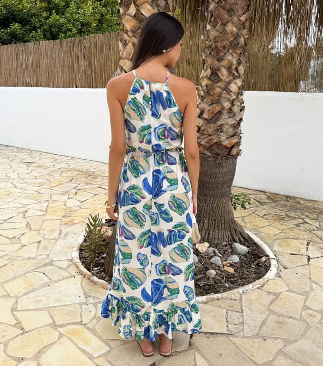 AX Paris Women's Blue Leaf Print Frilly Hem Halterneck Midi Dress AX Paris New Look - 3