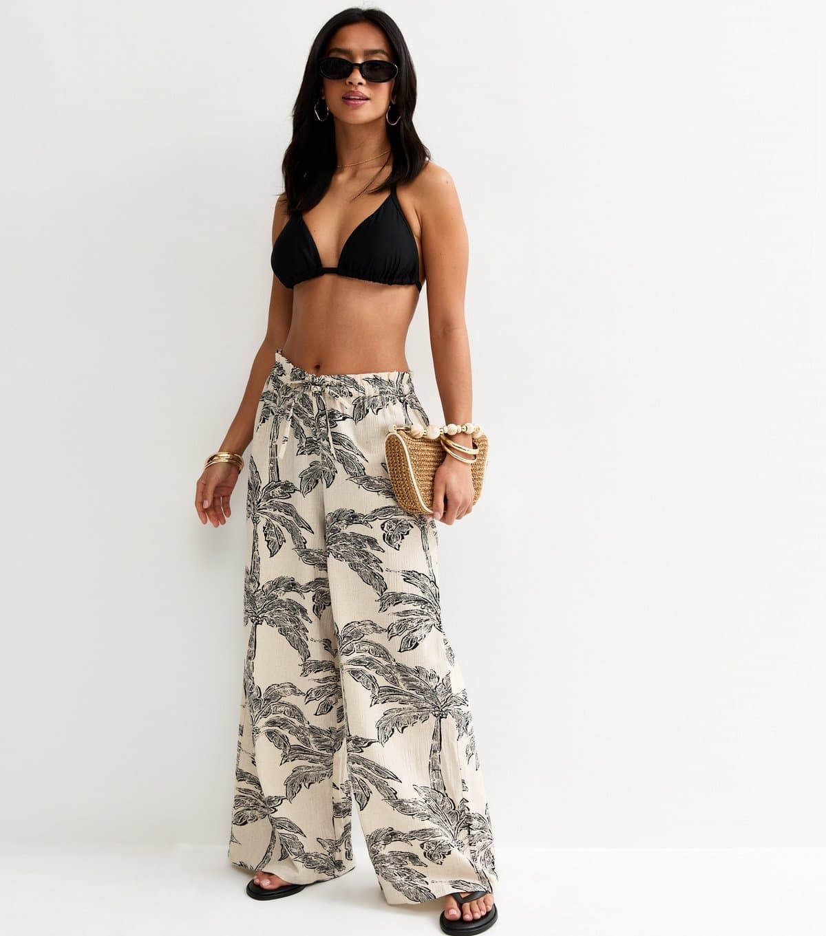 New Look Women's Petite Cream Palm Tree Print Beach Wide Leg Trousers New Look