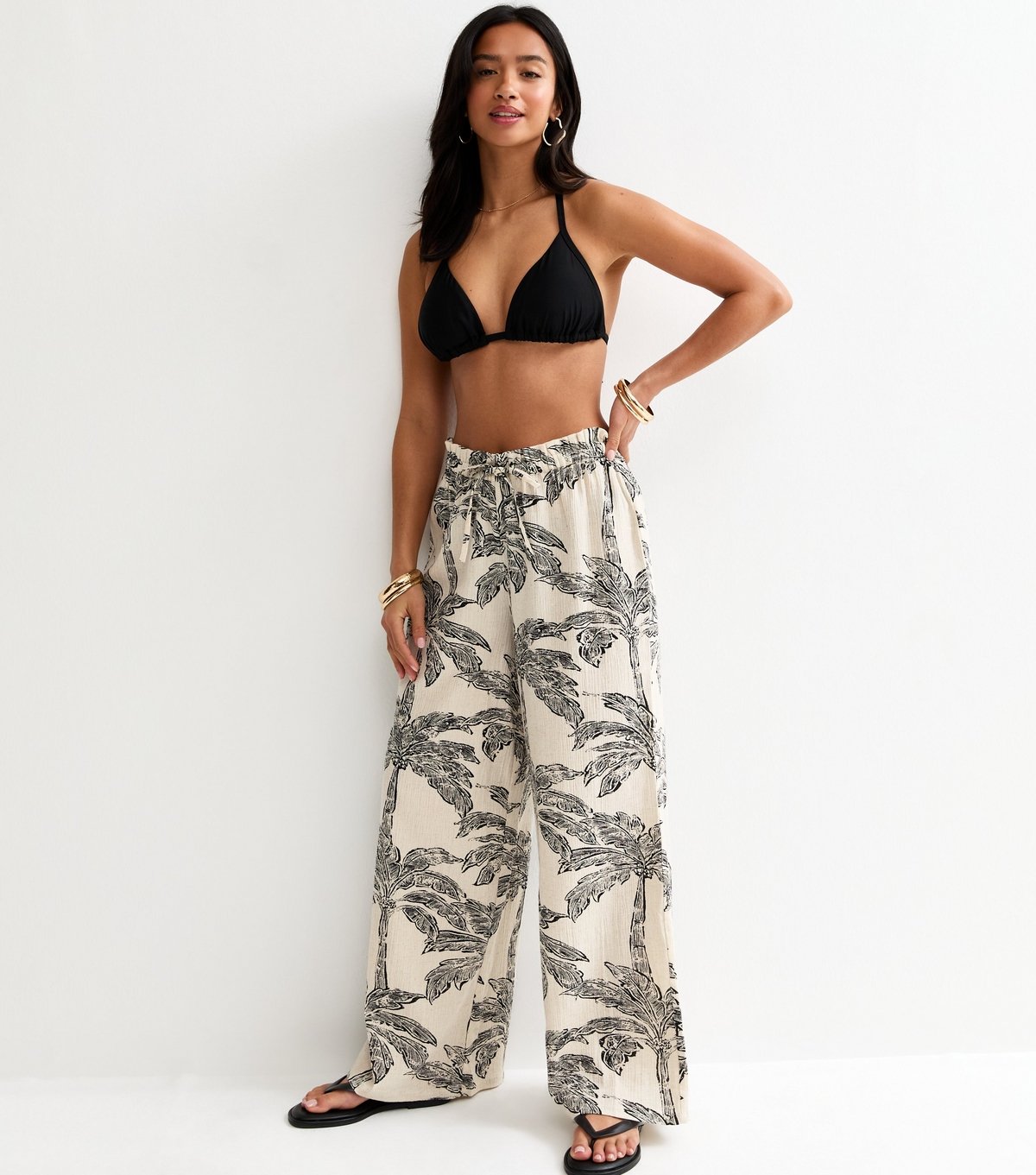 New Look Women's Petite Cream Palm Tree Print Beach Wide Leg Trousers New Look - 3