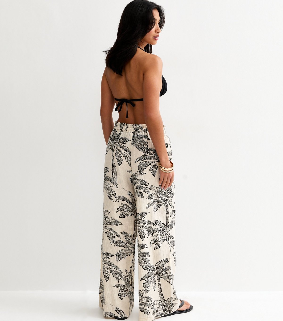 New Look Women's Petite Cream Palm Tree Print Beach Wide Leg Trousers New Look - 4