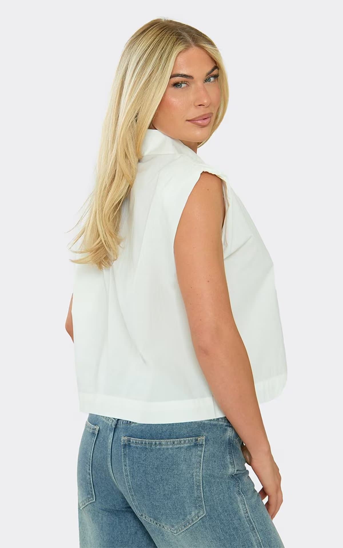 EGO Sleeveless Button Front Structured Shirt In White, Women's Size UK S/M