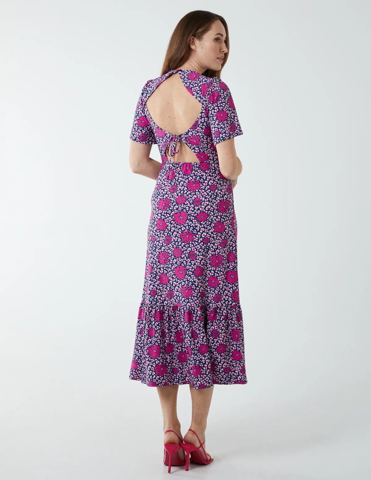 Blue Vanilla Crew Neck Midi Angel Sleeve Tie Open Back Dress - 4