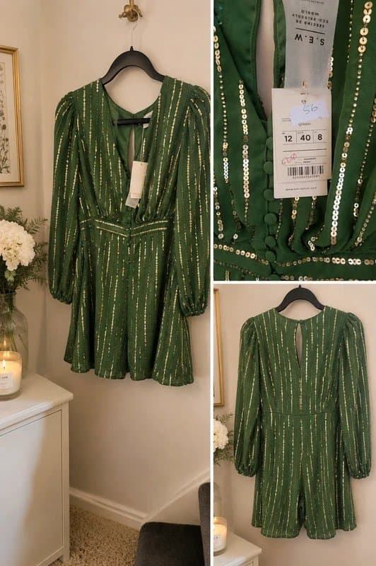 Monsoon Monsoon embellished green and gold dress size 12
