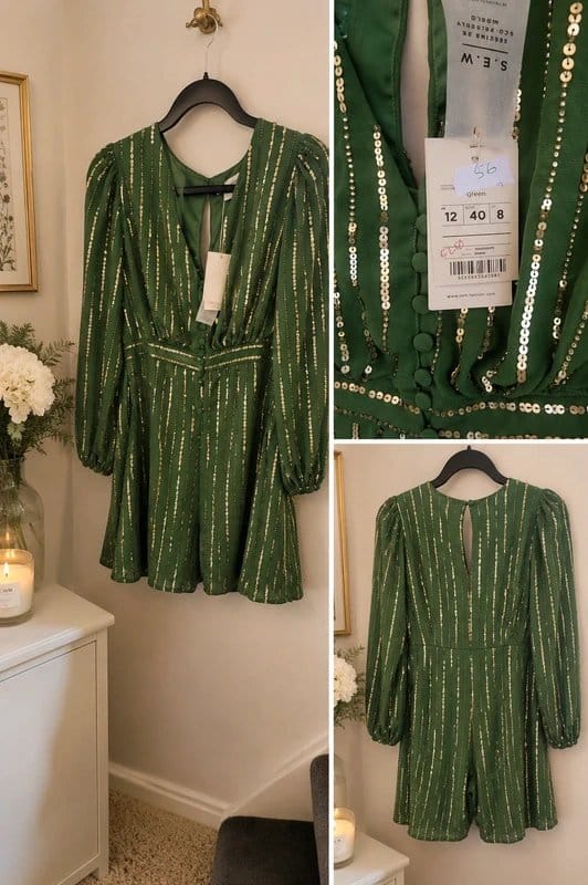 Monsoon Embellished Green & Gold Sequin Dress Size 12