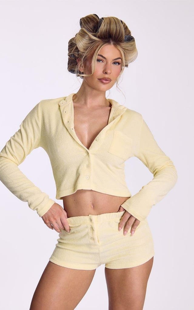 EGO Long Sleeve Button Up Front Top In Yellow Towelling Fabric, Women's Size UK 6 - 2