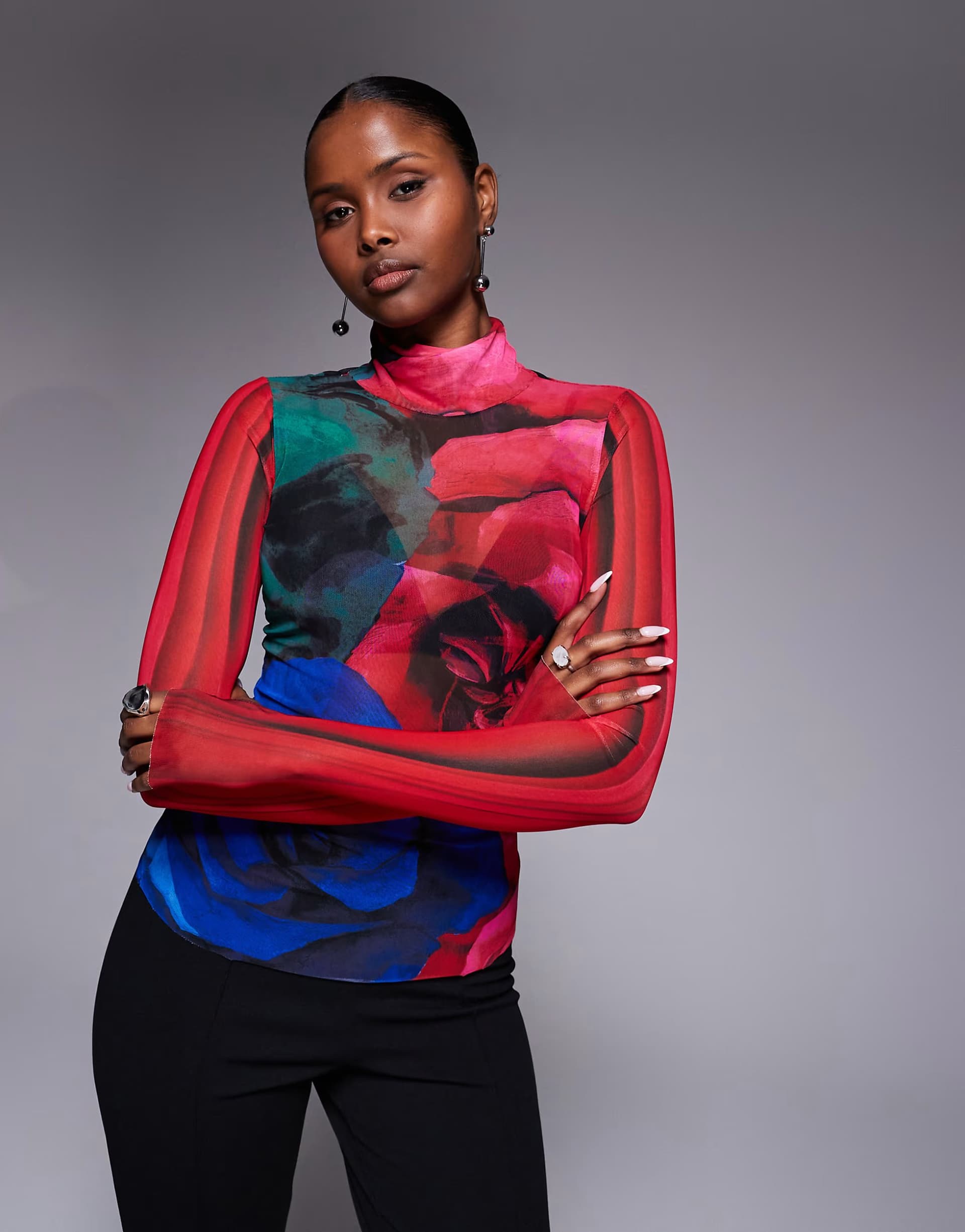 ASOS AFRM Zadie mesh high neck top co-ord in red blurred floral print