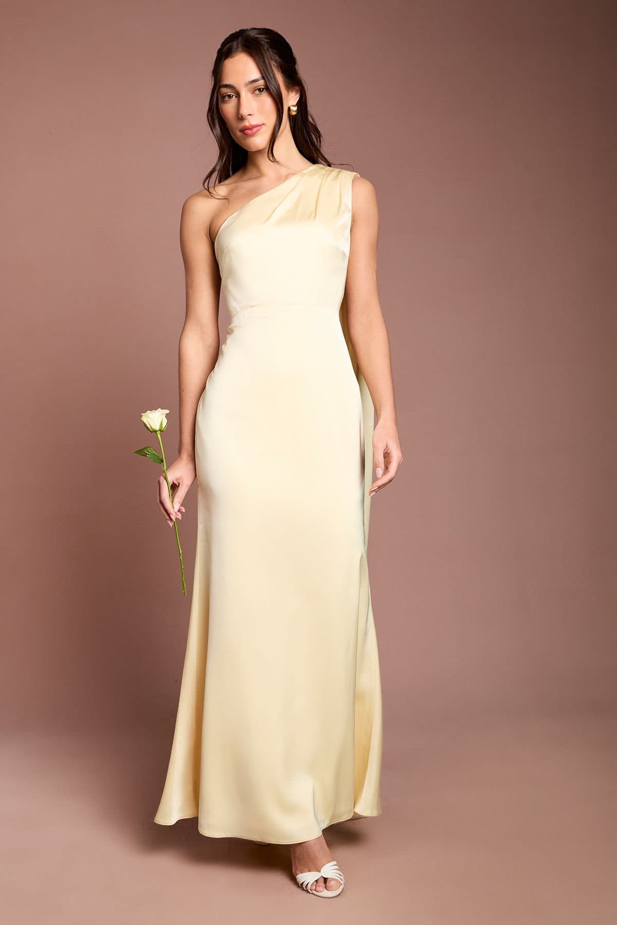 Coast Coast Women's Honoured Petite Drape One Shoulder Satin Maxi Bridesmaid Dress in Lemon