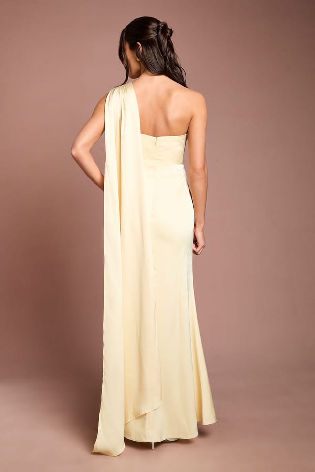 Coast Coast Women's Honoured Petite Drape One Shoulder Satin Maxi Bridesmaid Dress in Lemon - 3