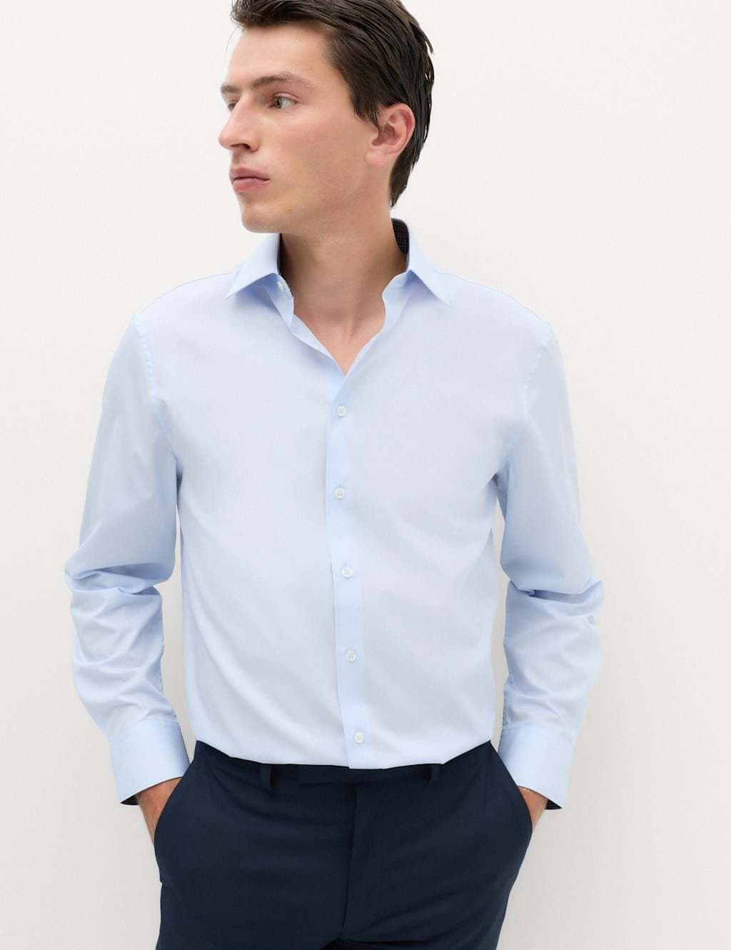 Marks & Spencer M&S Regular Fit Easy Iron Cotton Blend Shirt Blue Mix