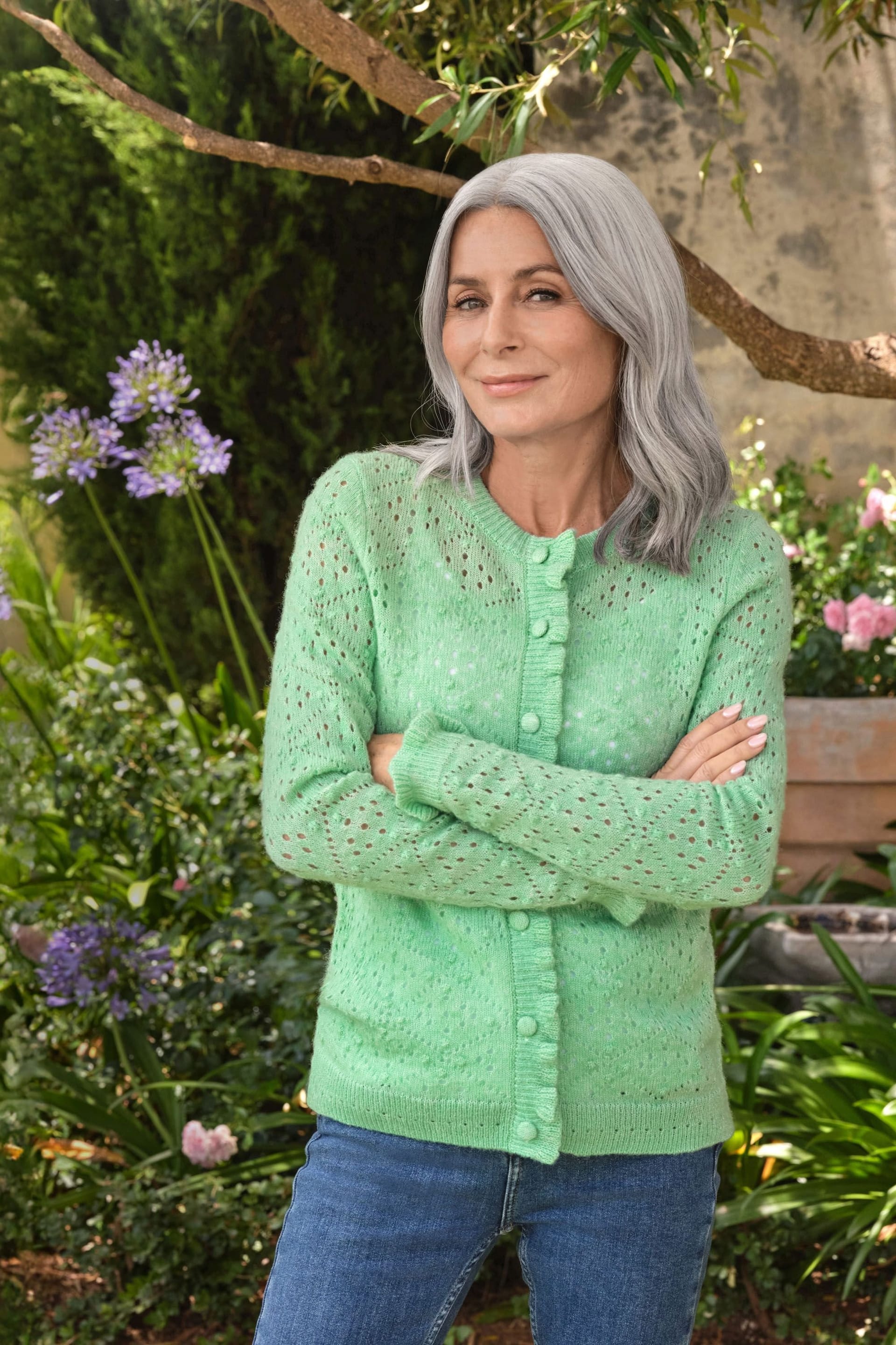 WoolOvers Green Frill Cardigan in Wool/Viscose